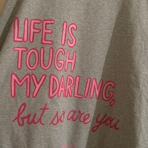 Gray Off-the-Shoulder Sweater with Pink Lettering